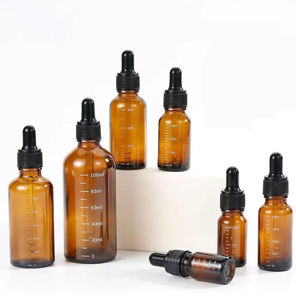Leere bernsteinfarbene Glas-Tropfflaschen für ätherisches Öl, nachfüllbarer Ölbehälter mit Skalen-Reagenz für Augentropfenöle, Aromatherapie, Flüssigkeitspipetten, nachfüllbare Behälter (100 ml)