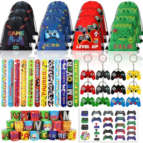 Bluegogo 61 Pcs Video Game Party Favors Gamer Party Favors Bags Includes 12 Pcs16 x 13 Inch Video Game Party Drawstring Bags Slap Bracelets Keychains Tattoo Stickers for Kids Gaming Party Favor