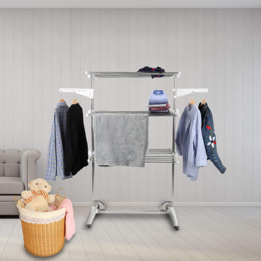 HUOLE Wäscheständer | Wäschetrockner Turm mit Extra Viel Platz auf 3 Ebenen | Mobil, Flexibel, Ausziehbar | Wäscheturm aus Pulverbeschichtetem Stahl & Kunststoff (JE79862)
