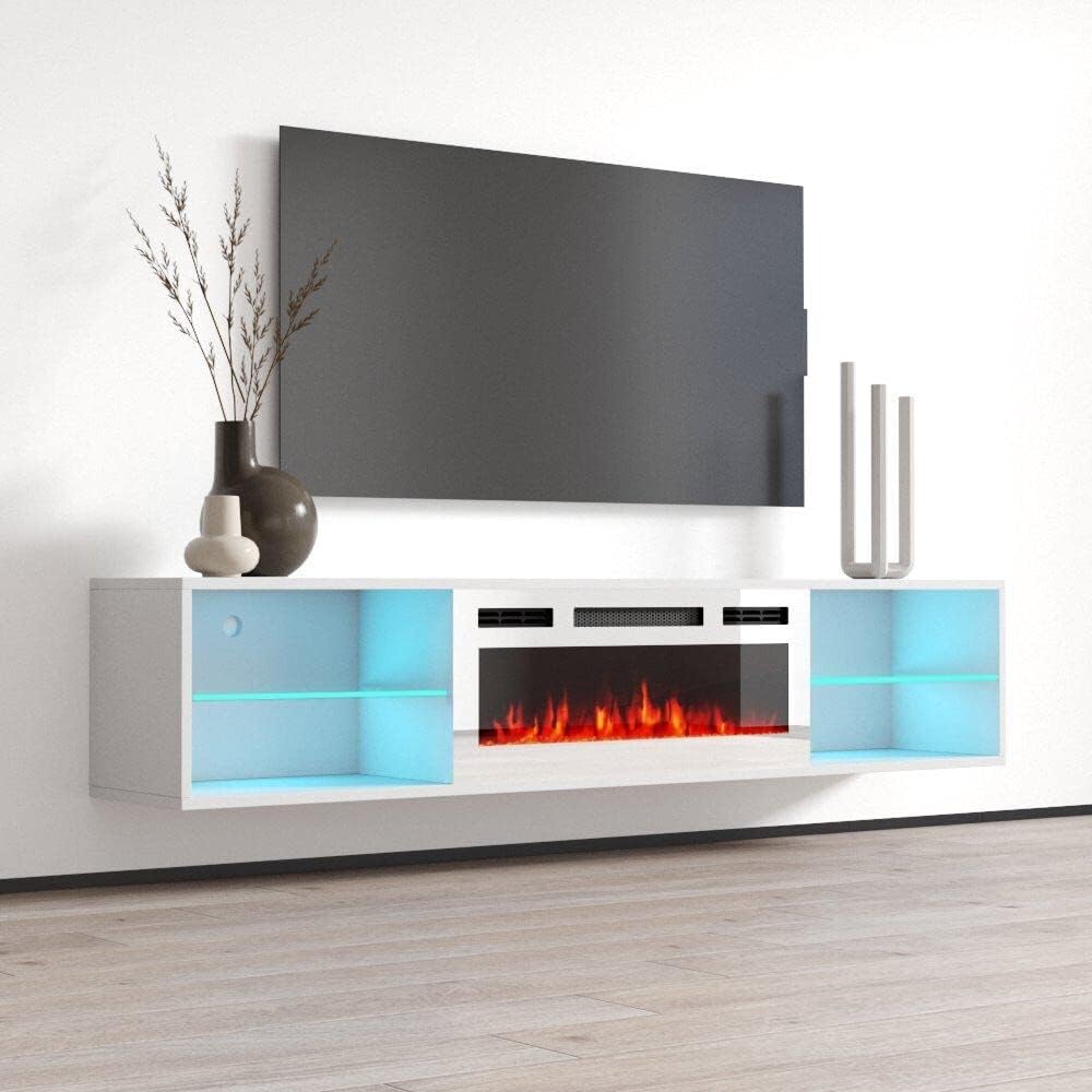 Meble Furniture Lima WH-EF Floating Fireplace TV Stand — Wall Mounted Electric Fireplace with Storage Cabinets — 72 Inches, Modern Matte Finish — White