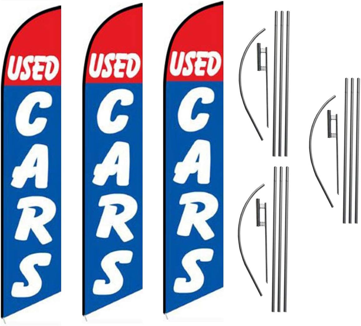 Used Cars Auto Dealership Advertising Feather Flag Kits Signs Package, Includes 3 Banner Flags, 3 Flag Poles, and 3 Ground Stakes by Feather Flag Nation