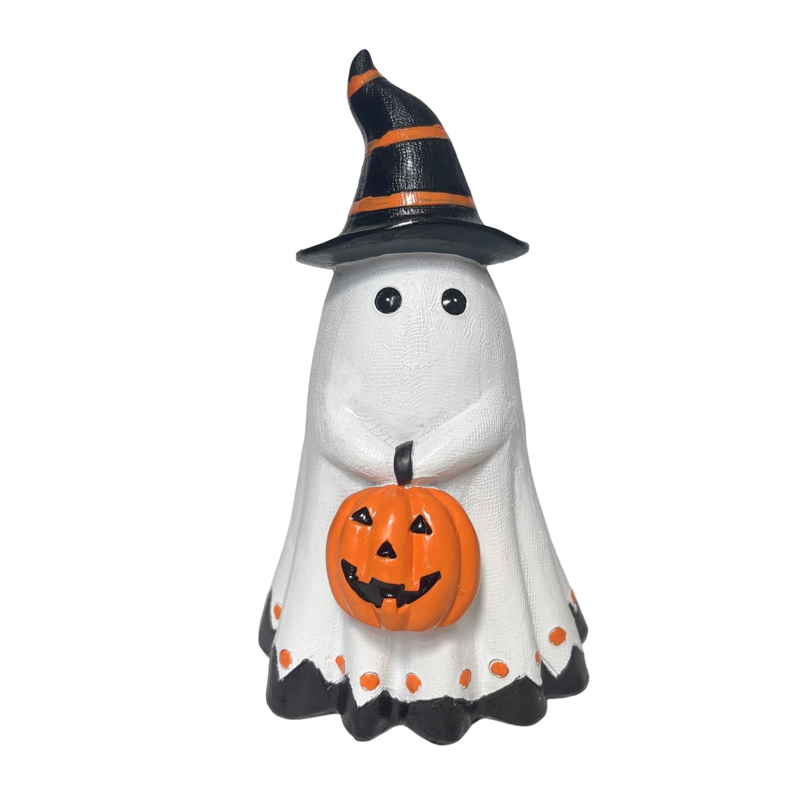 Glifora Halloween Ghost Figurine - Cute Ghost Wearing Hat and Holding Pumpkin Statue, Resin Ghost Ornament for Shelf and Tabletop Decor