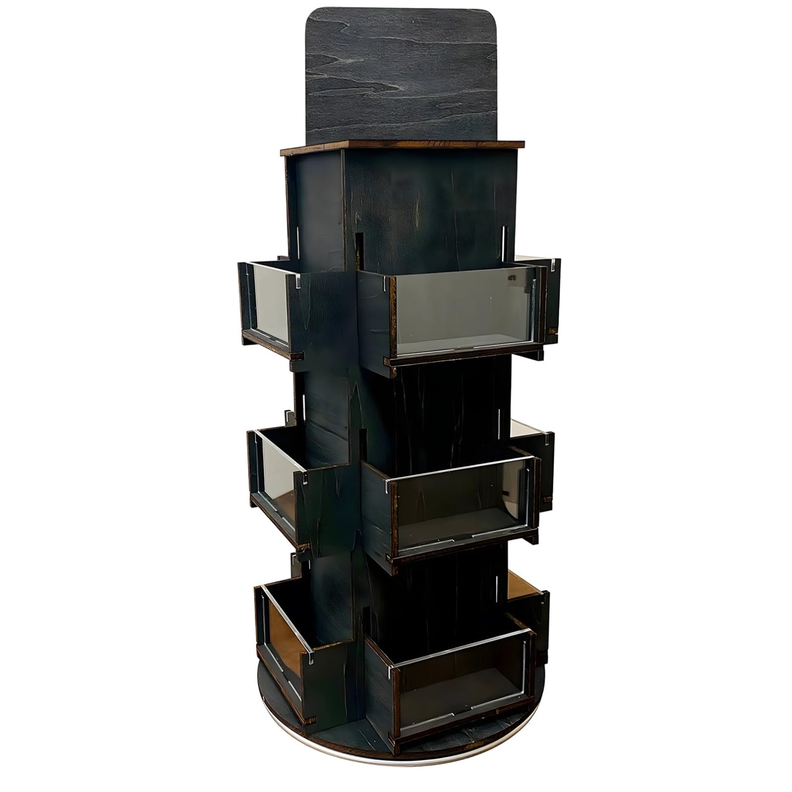 Scaffale organizer da banco in legno nero, espositore girevole a 3 livelli per venditori, espositore per adesivi alto 53,3 cm, diametro 23,6 cm, facile da montare
