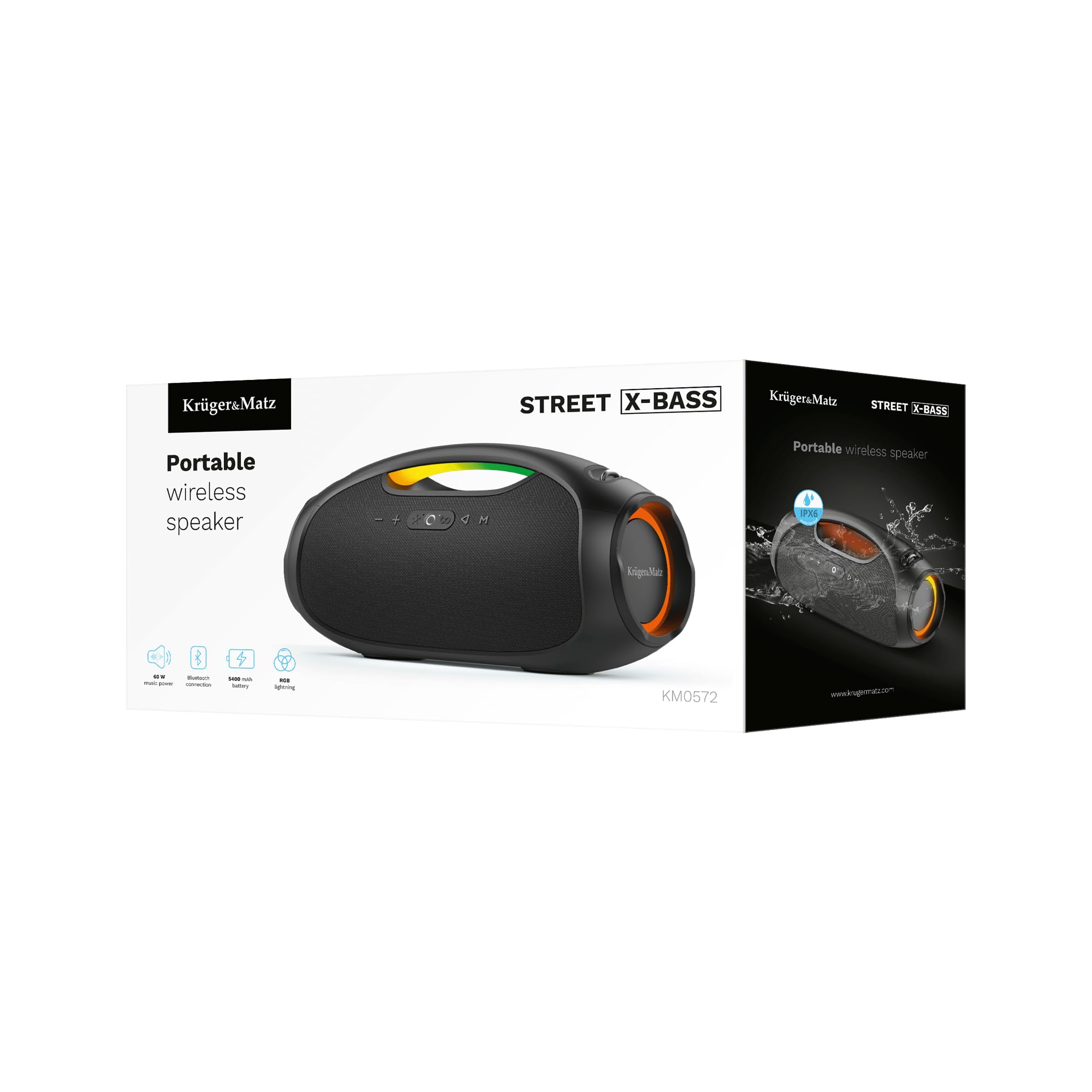 Krüger&Matz Głośnik Bezprzewodowy Bluetooth Street X-BASS Moc 60 W Ochrona IPX6 Podświetlenie RGB KM0572