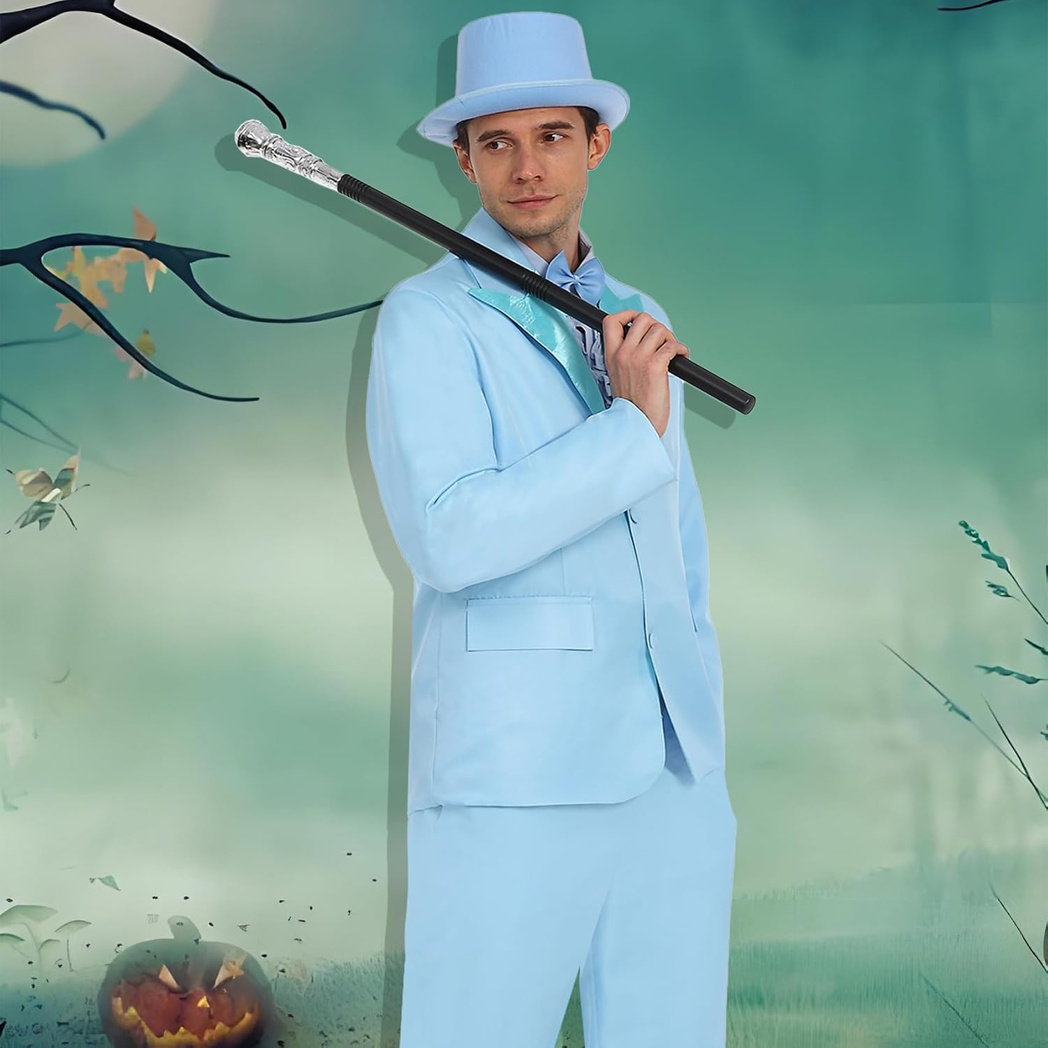 Men's Vibrant 90s Movie Style Halloween Costume Set Orange and Blue Suit Set with Hat and Bow Tie