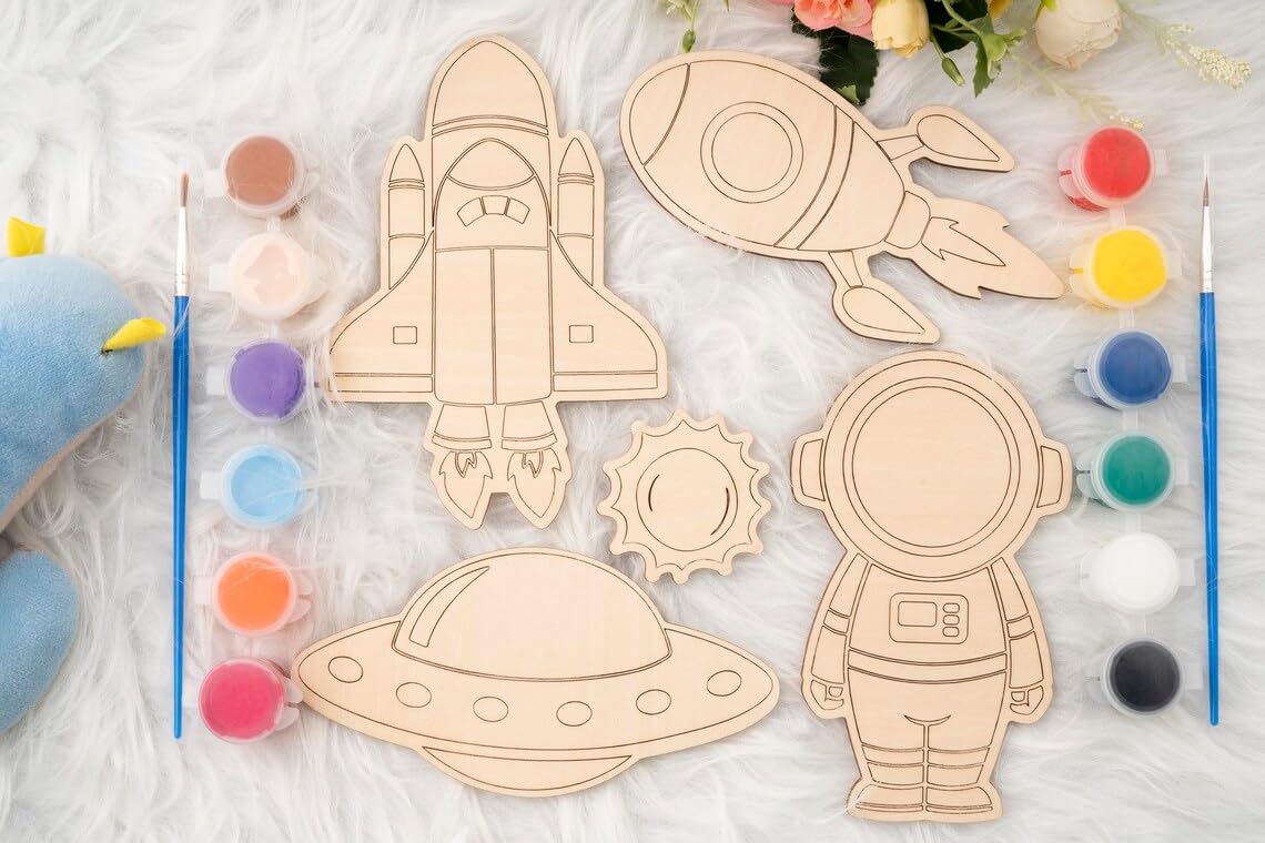American Elm Set of 10 DIY Wooden Space Astronaut Painting Kit for Kids - Creative Wooden Toys DIY Craft Unfinished Space Figures DIY Wooden Crafts for Kids Art 2