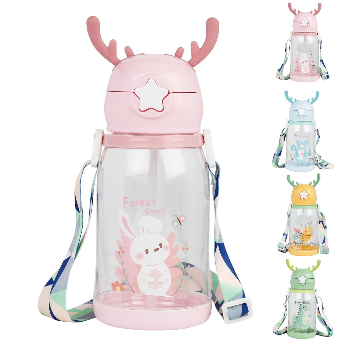 ZUDELLA Cute Kids Water Bottle with Sipper-600ml||BPA-Free-Leak-Proof||Cartoon Design with Push Button||Shoulder Strap||Unbreakable-(Multi-Color)-image-45