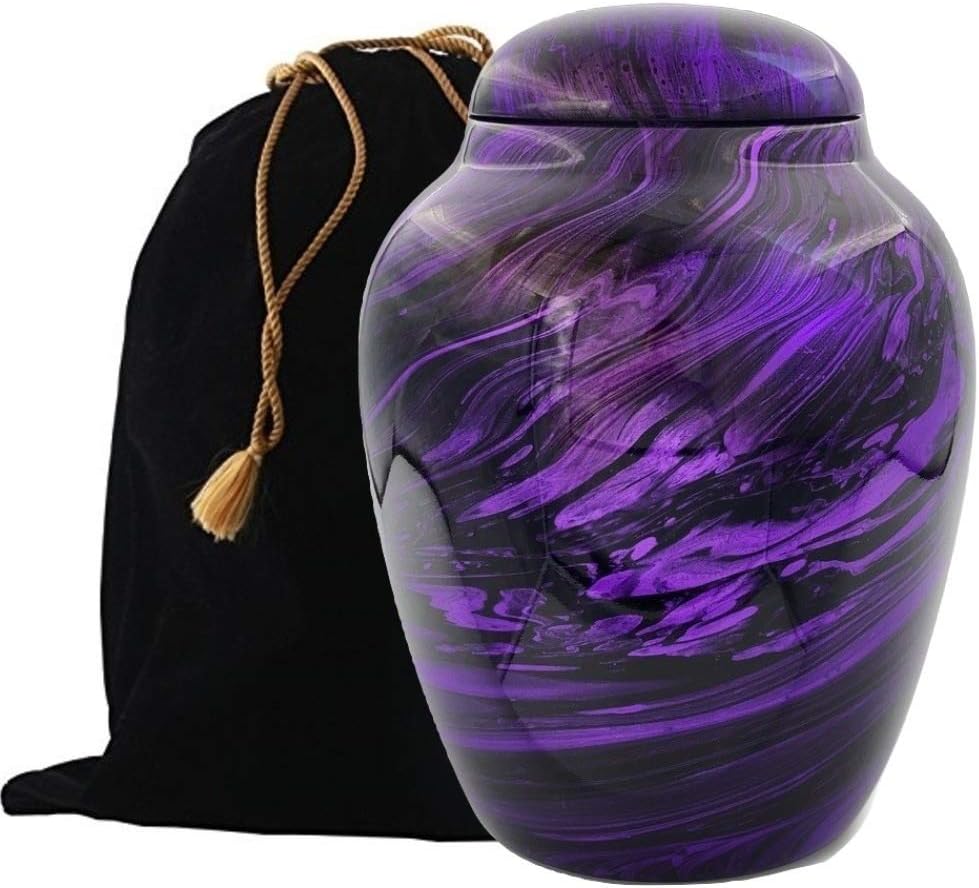 Fiber Glass Cremation Urn - Marbling Adult Urn - Handcrafted Light weighed Adult Funeral Urn for Ashes - Great Deal Free Velvet Bag and Ash Bag (Purple)
