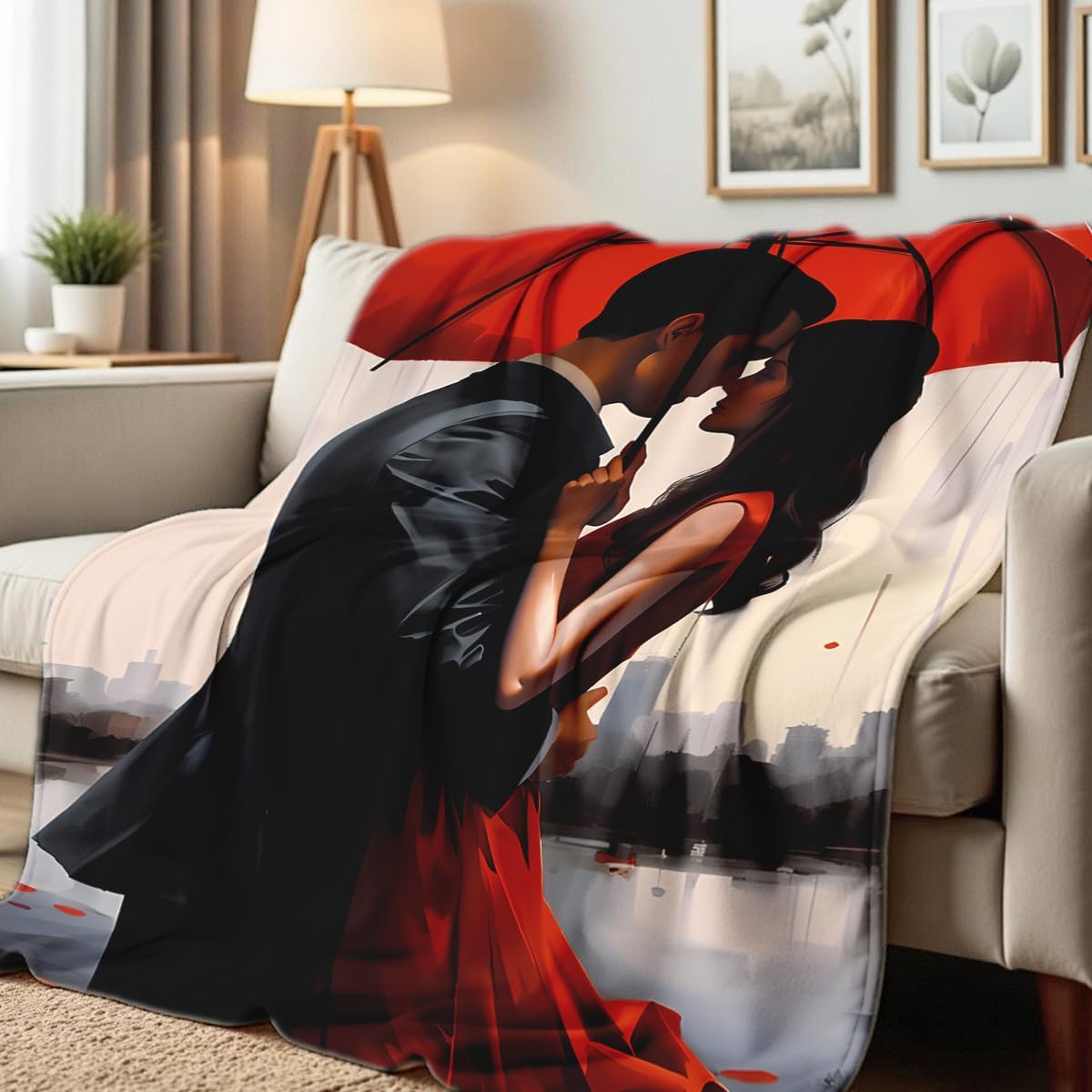 Red Paris Print Flannel Blanket Romantic Red Umbrella Couple Throw Blanket for Bed Sofa for Her Him Queen Size Bedding Decor (49"x59")