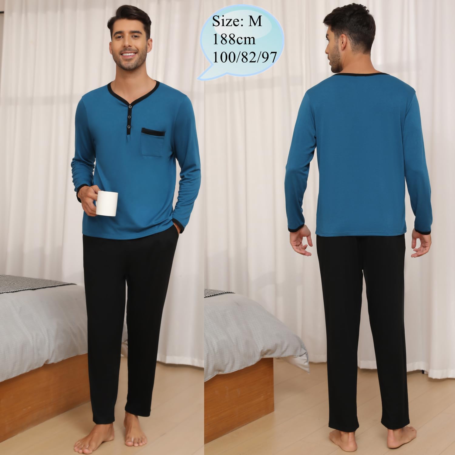 Pigiami Due Pezzi Uomo Maglia Maniche Lunghe + Pantaloni, Pigiami e Abbigliamento da Notte