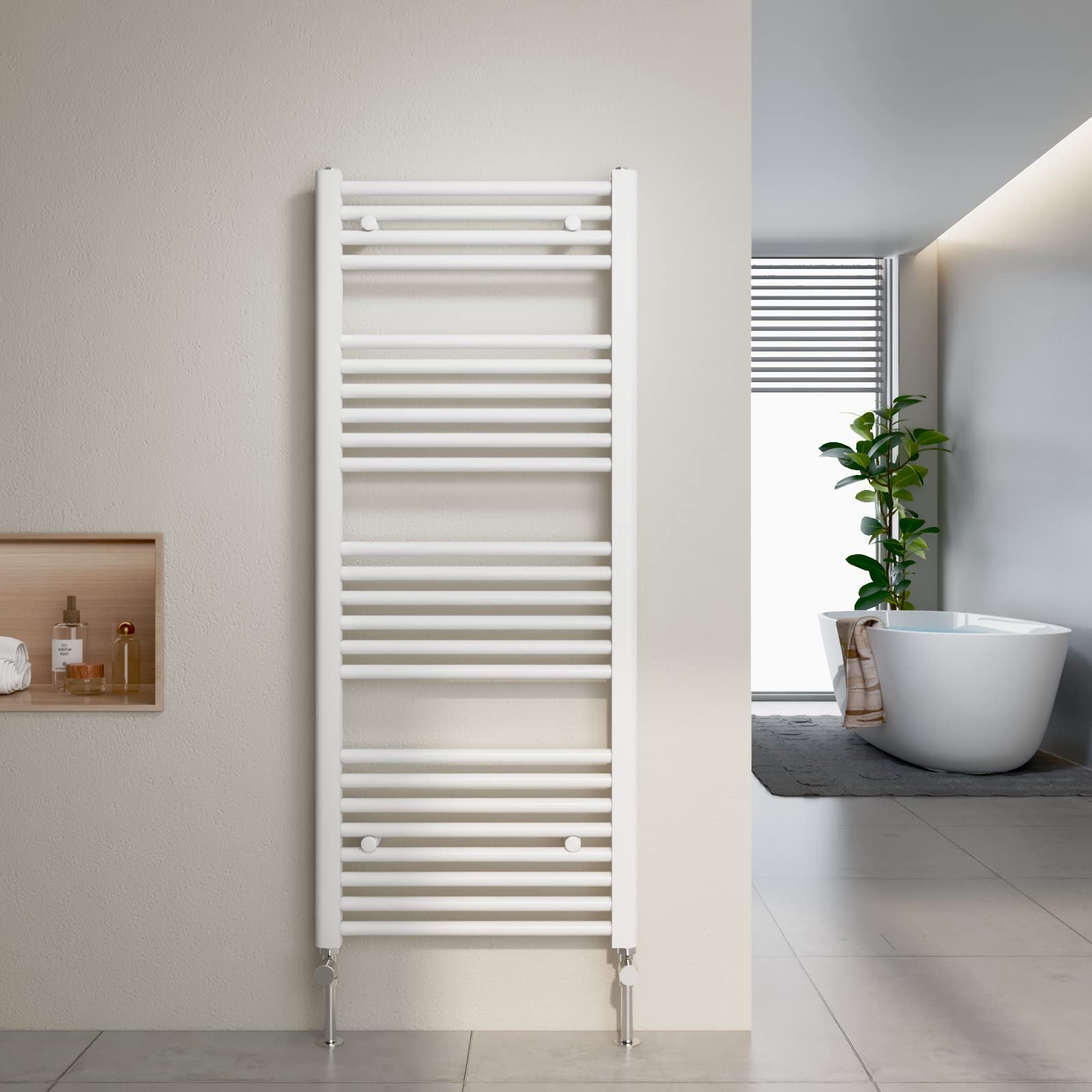 Heilmetz Bathroom Radiators Towel Rail Ladder 1200 x 500mm, Heated Towel Rail Radiator with Chrome Radiator Valves, Modern Central Heating Radiators, Flat Panel Towel Warmer Radiator, White — image 1