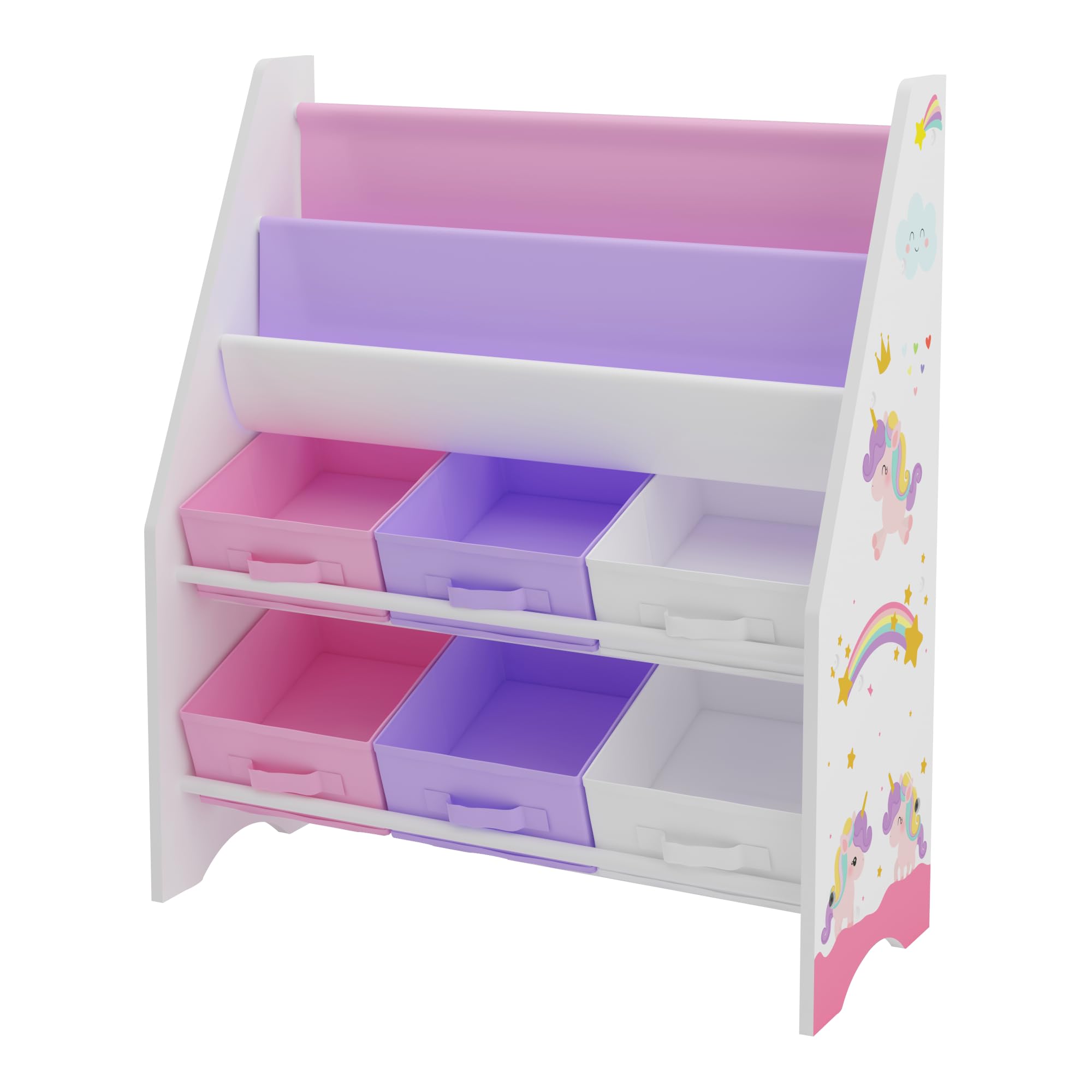 [en.casa] Estantería para Niños Organizador de Libros y Juguetes Motivo de Unicornio con 6 Cajas Aglomerado/Poliéster 74 x 62 x 27 cm Blanco y Rosa/Púrpura