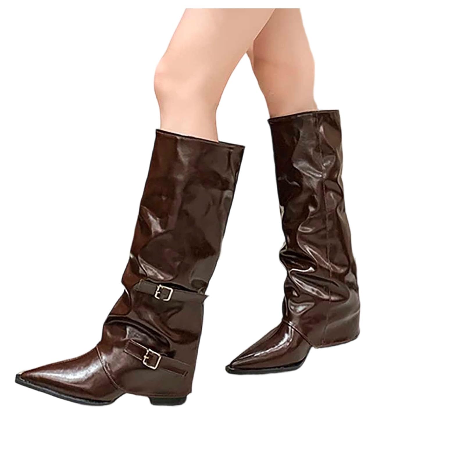 Bottes Mi-Mollet Femme Élégantes, Bout Pointu, Talon Bloc Haut, Simili Cuir