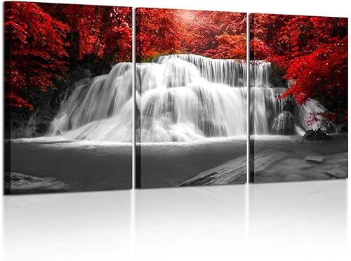 Kreative Arts Lienzo negro blanco y rojo 3 piezas de arte de pared con diseño de cascada de madera roja pinturas de paisaje cuadro enmarcado para Kreative Arts Lienzo negro blanco y rojo 3 piezas de arte de pared con diseño de cascada de madera roja pinturas de paisaje cuadro enmarcado para