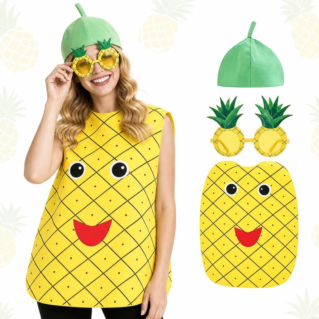Fruit Costume, Funny Costume – 3 PCS Fruit Costume Adult Pineapple Adult Fancy Dress Set with Hat and Novelty Glasses, Fancy Dress for Adults, Funny Fancy Dress Outfit for Halloween, Christmas, Carniv