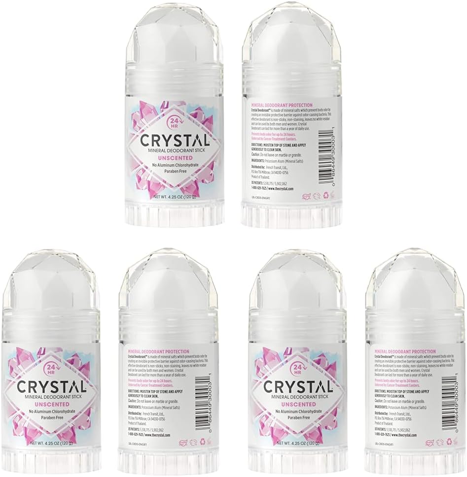 CRYSTAL Mineral Deodorant Stick, Unscented | 24-Hour Protection | Non-Staining | Aluminum-Free | 6 Pack