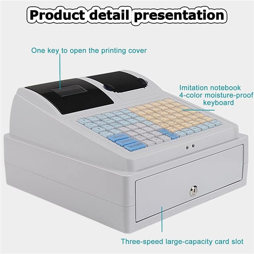 Caja registradora con Sistema POS, con Teclado Plano e Impresora térmica, multifunción, para Comercio minorista, supermercado y Restaurante.