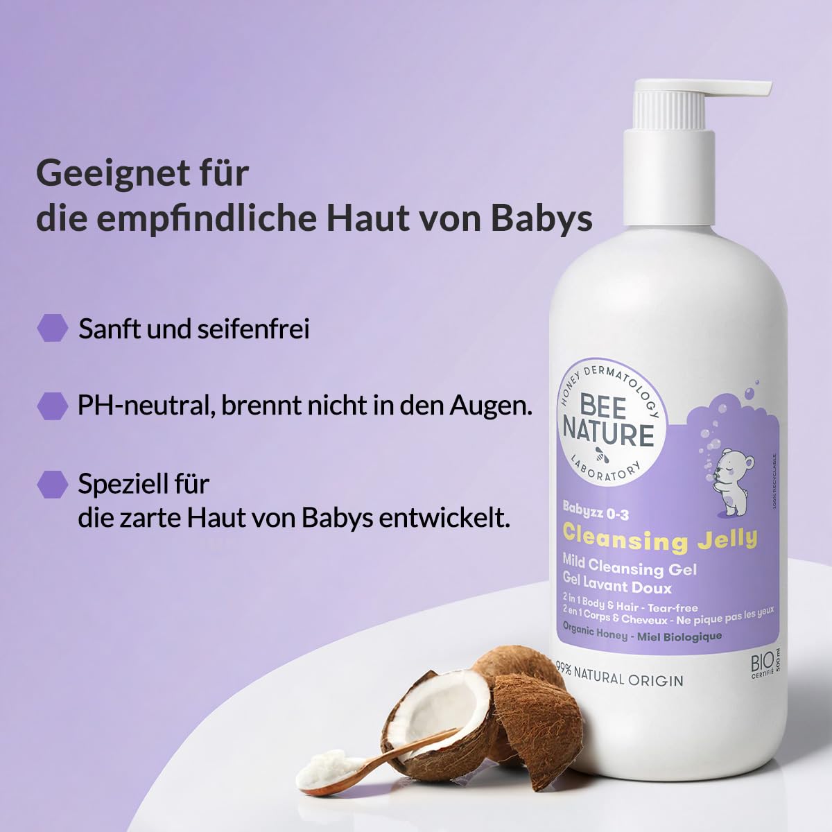 Bee Nature - 2 in 1 - Baby Duschgel - Bio-Honig - Lindert Hautausschlag - Reinigt und Spendet Feuchtigkeit - Tränenfrei - Geeignet für Neugeborene mit Trockener, Empfindlicher Haut - 500ml