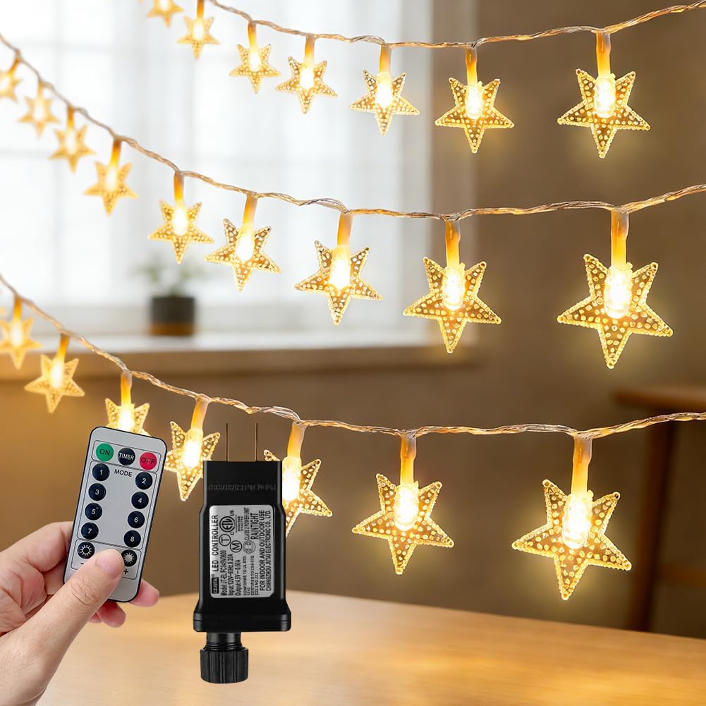 RaThun 49.2ft Star Fairy String Lights 100 LED Warm White,16ft Long Lead,Remote Timer 8 Modes,UL Certified IP44 Waterproof Plug-in Linkable for Patio Wedding Bedroom Christmas