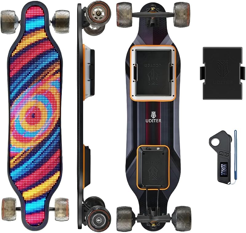 Electric Skateboard - Full-Screen LED Deck & Swappable Battery | 4 modes from 13mph to 28mph, 25 Miles Max Range, 105*65mm PU Wheels, Swap Batteries in Seconds, 1200W Motors, 330lb Max Load
