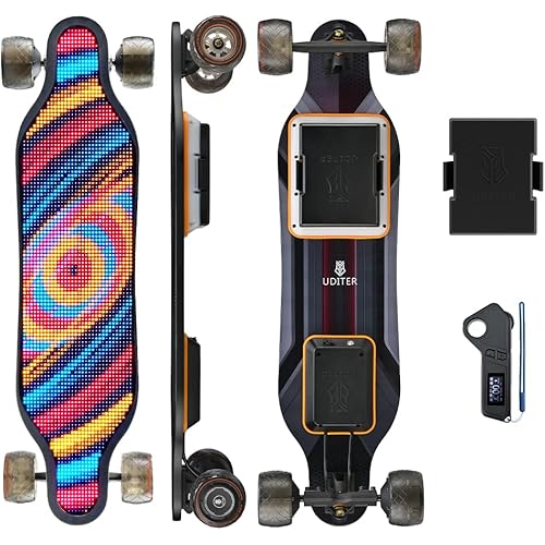 Electric Skateboard with Remote, Dual 600W Motors, Swappable Battery, Up to 28 MPH, 12–25 Miles Range, 4 Speed Modes, Electric Longboard for Adults & Beginners (Flamo / S3 / Pixel Series)