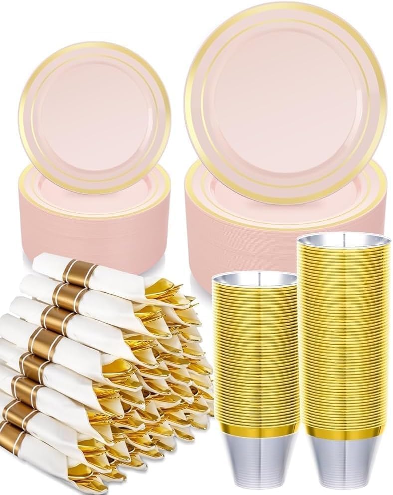 350PCS Pink Plastic Dinnerware Set, Disposable Party Plates for 50 Guests, Include: 100 Pink and Gold Plastic Plates, 50 Pre Rolled Napkins with Gold Silverware, 50 Cups for Wedding, Christmas