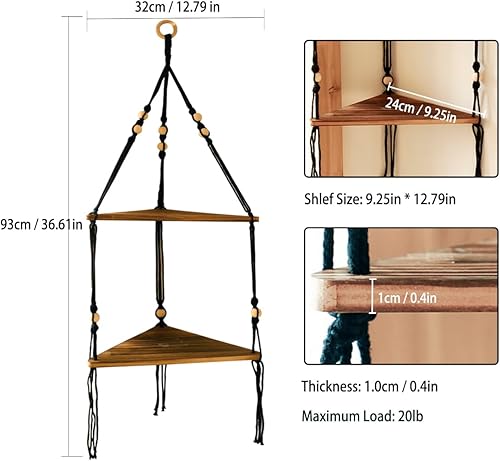 Miniatura 2 de Artilady Estante de esquina negro para colgar en la pared, estantes flotantes de madera de 2 niveles, estante de pared rústico bohemio para