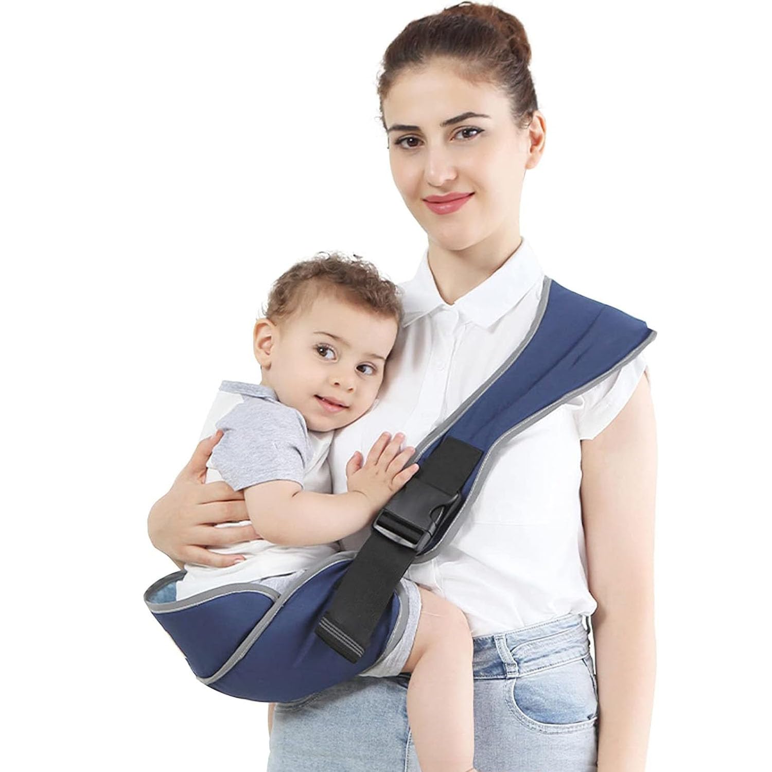 JoyzzzToddler Carrier, Portable Adjustable Child Sling, Ergonomic One Shoulder Labor Saving Polyester Half Wrapped Toddler Sling with Anti-Slip Particles, for Children 6-36 Months (Blue)