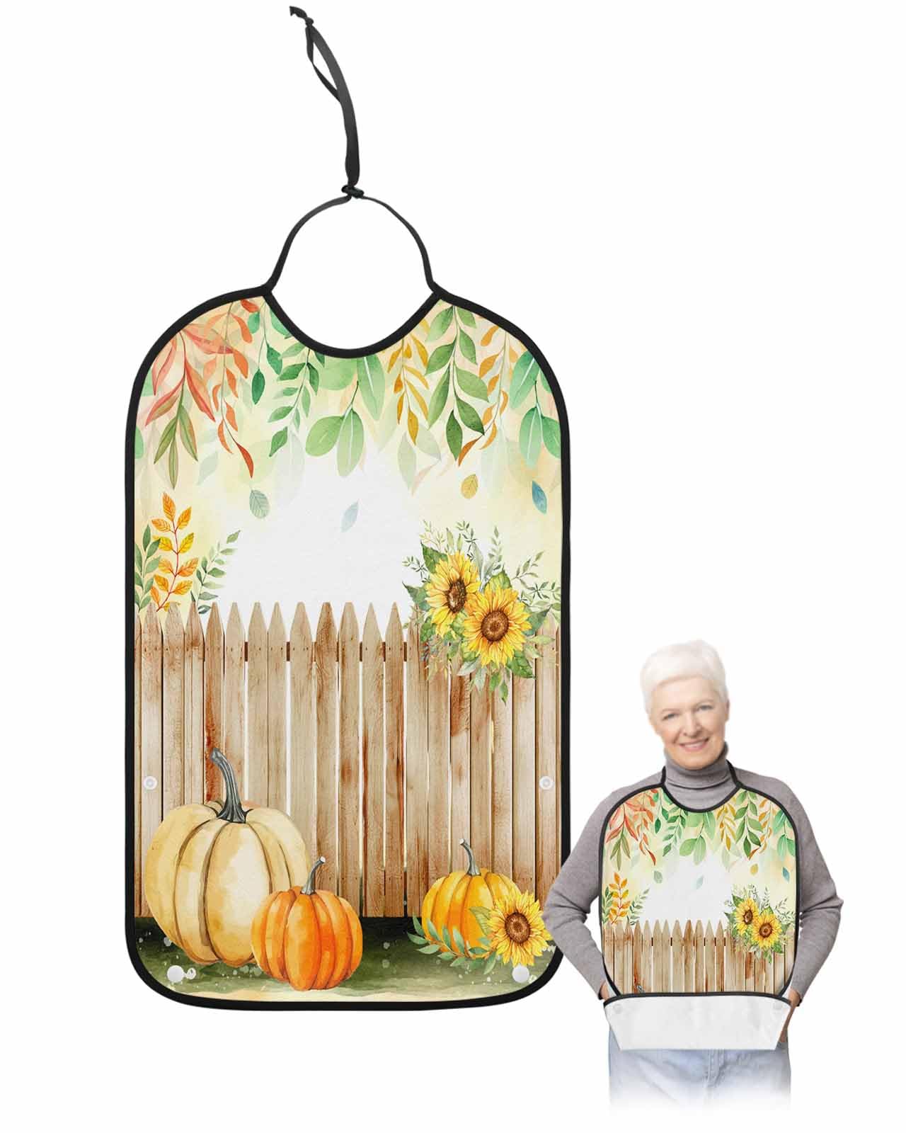 LEOKOTI Orange Thanksgiving Fall Adult Bibs for Eating, Waterproof Bibs with Food Catcher & Adjustable Snap Closure, Maple Leaf Watercolor Pumpkins Washable Clothing Protectors Adult Bibs for Elderly