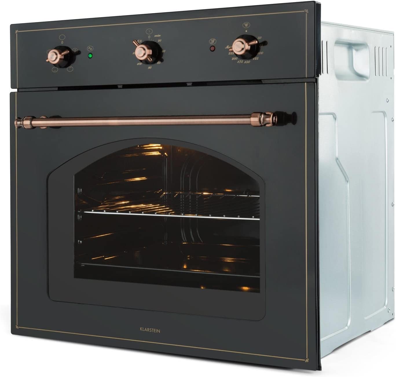 Klarstein Vilhelmine - Einbau-Backofen, Elektrobackofen, 55 Liter Volumen, Vintage-Design, 3 Betriebsfunktionen, Ober- Unterhitze, Garzeit-Timer, Edelstahl, schwarz-kupfer