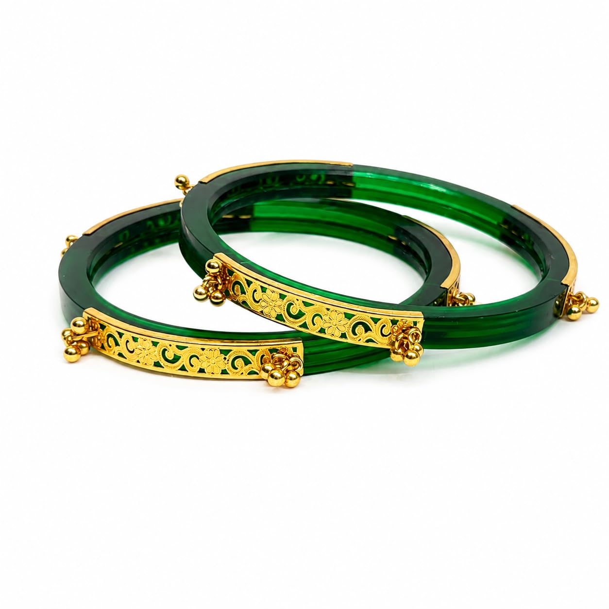 Seep Green Traditional Bangles with Golden Carved Design-image-25