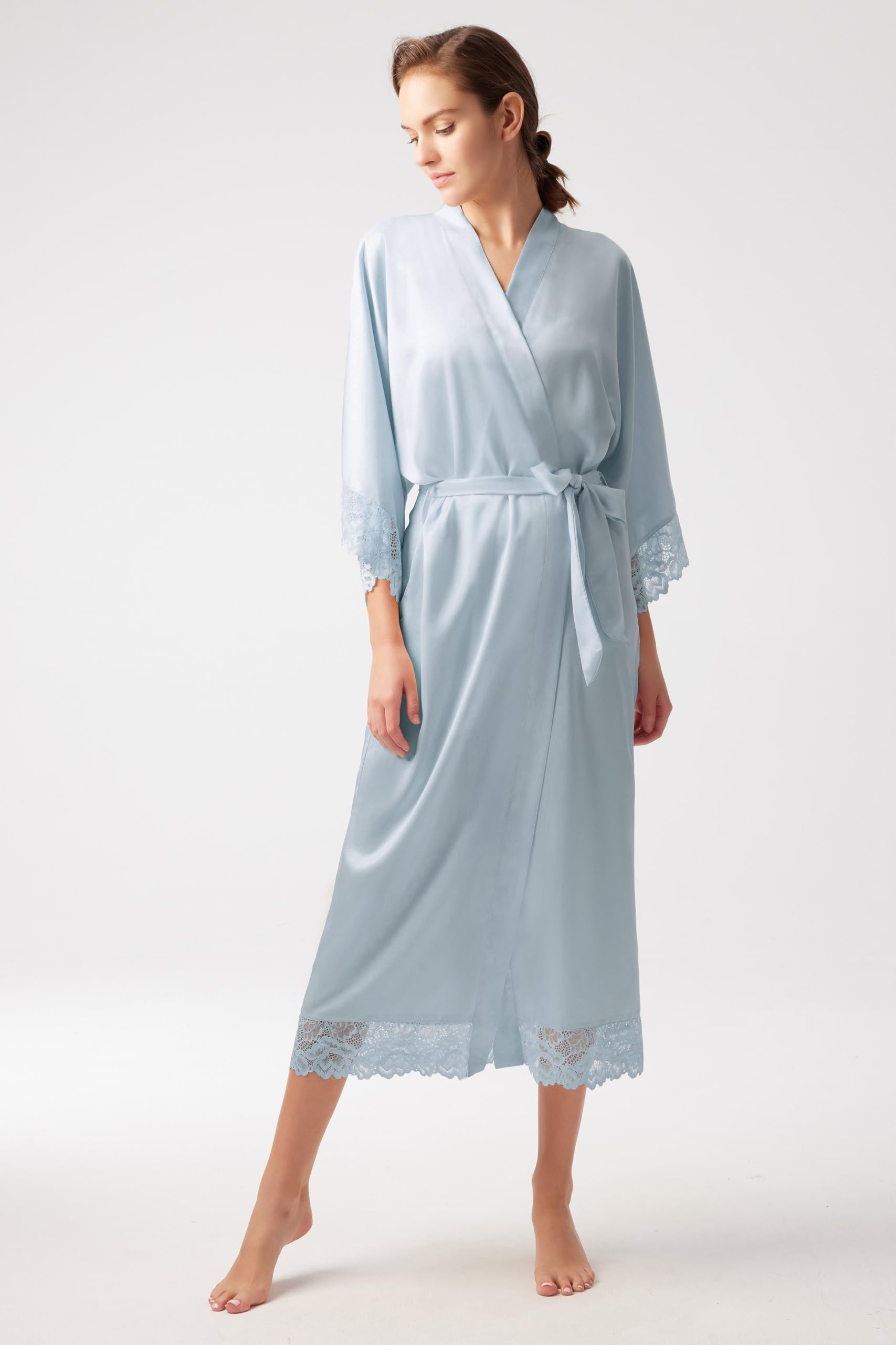 BABEYOND Damski szlafrok kimono, satynowy, kimono, szlafrok, długie kimono, szlafrok kąpielowy dla druhny, z koronkowym wykończeniem, na bieliznę nocną, na imprezę, wesele, piżamę, Jasnoniebieski, One