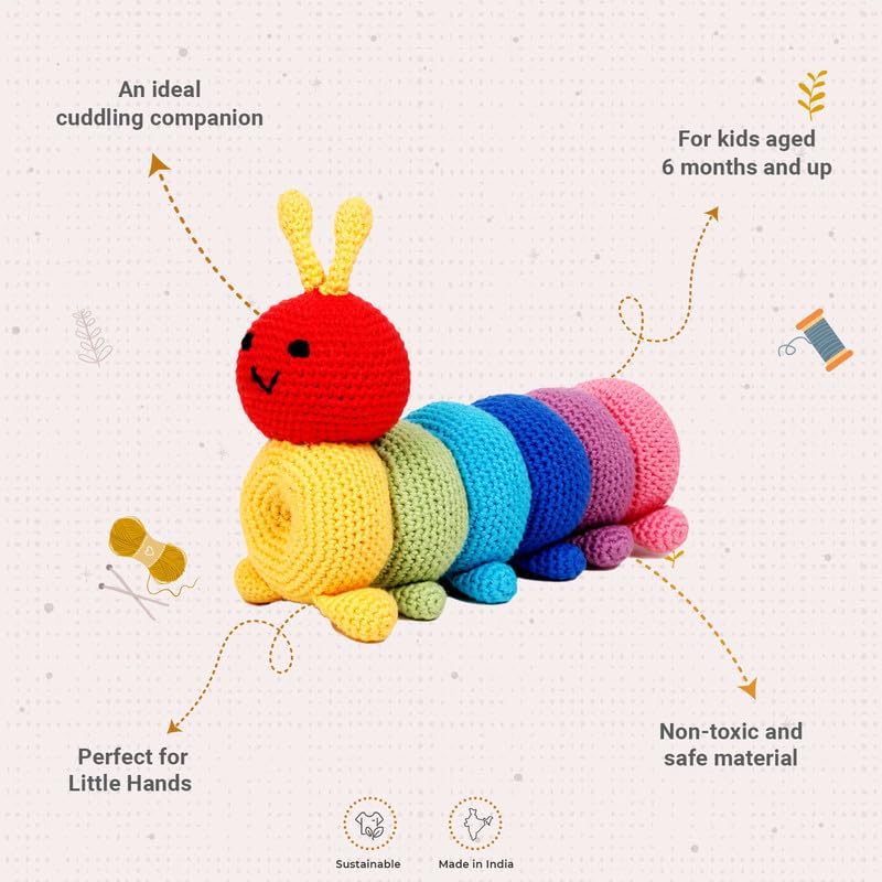 Image of LITTLE GINNIE Rainbow Caterpillar Crochet Toys for Babies - Handmade & Knitted Doll for Girls & Boys | Ideal for Birthday & Return Gift for 6+ Months