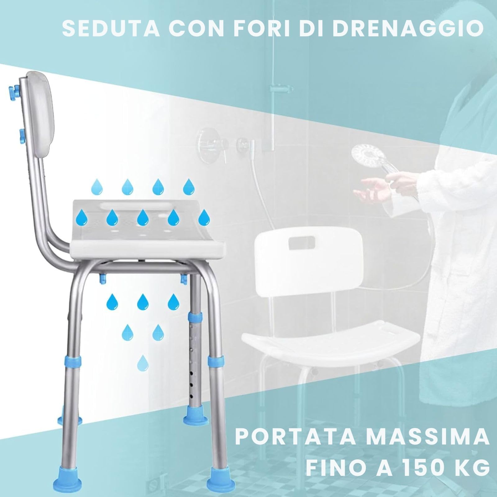 Floordirekt Jonah - Sgabello da doccia regolabile in altezza, con schienale fino a 150 kg