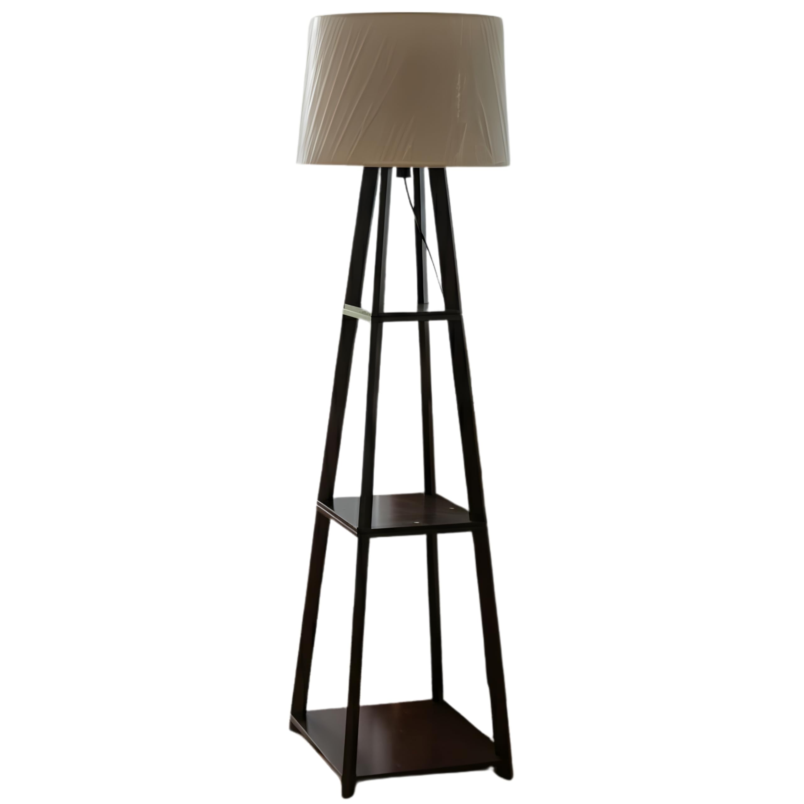 Modern Floor Lamp with Storage Shelves, Black Metal Frame, Grey Fabric Shade, Contemporary Standing Light for Living Room-image-34