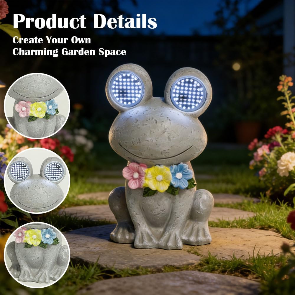 Outdoor Solar Garden Statue, Dynamic LED Light with Flower Sculpture, Art Decor for Patio Porch Lawn Backyard, Housewarming Gifts for Women (Stone Frog)