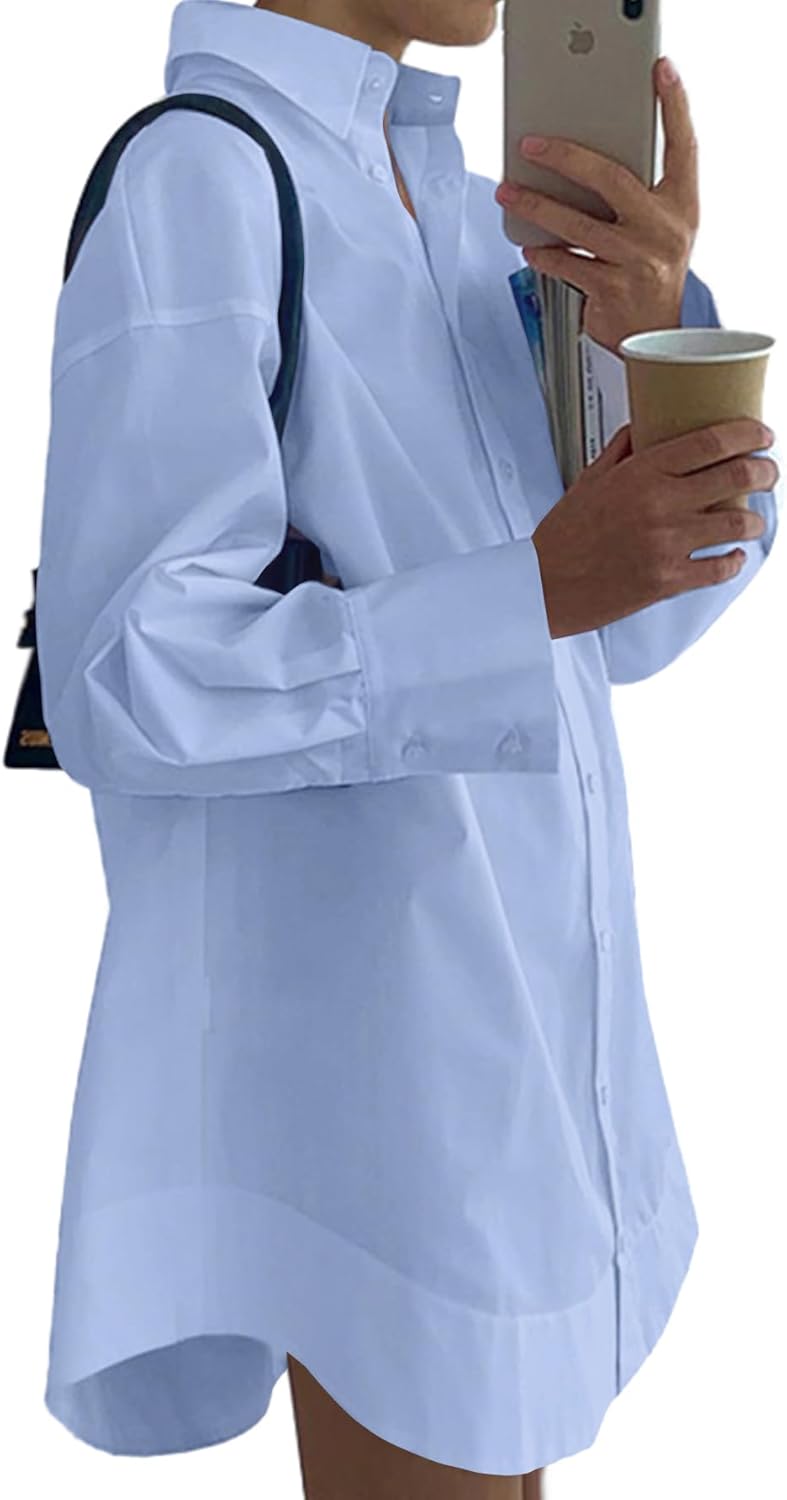 LYANER Women's Casual Shirt Dress Collar V Neck Button Down Loose Long Sleeve Mini Dresses - Image 2