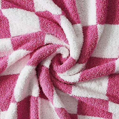 WRENSONGE Checkered Throw Blanket, Hot Pink Soft Cozy Fluffy Warm Hand Made Throw Blankets for Couch, Sofa, Chair, Bed, Camping, Picnic, Travel Lightweight Bed Blanket - 60"*80"