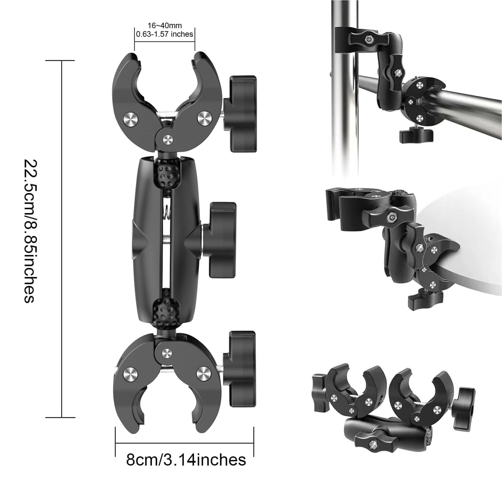 Supporto Action Camera, Morsetto di supporto per selfie moto, Supporto Morsetto per Fotocamera, Morsetto a Doppia Testa, per Gopro Insta360 OmbrelloTreppiede Supporto di Luci Bici Manubrio