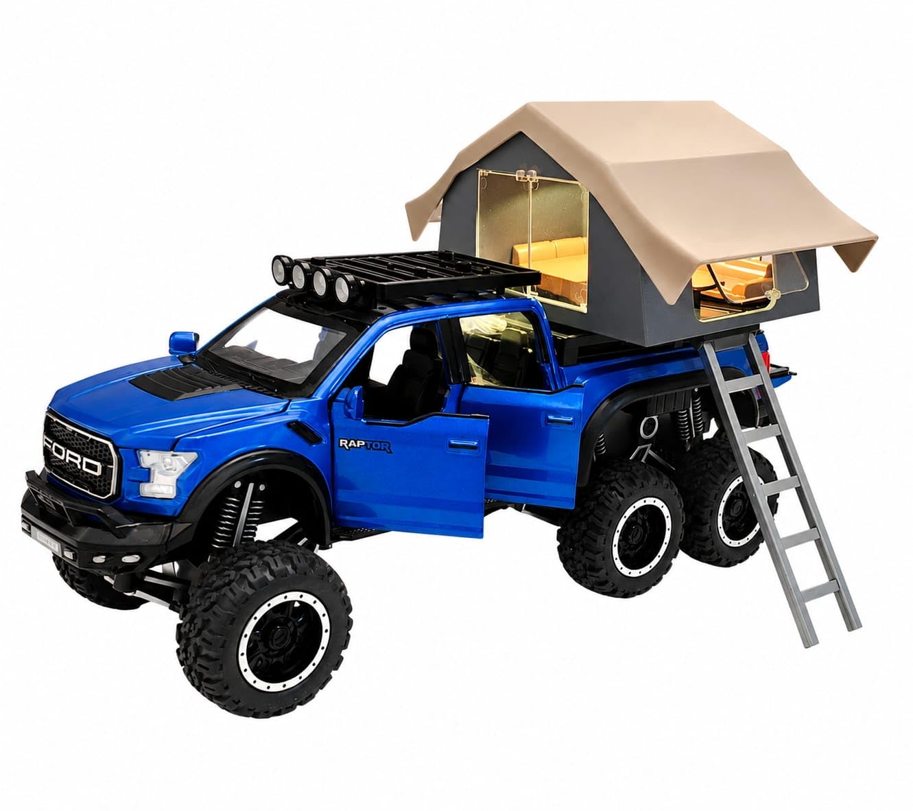 Ford Raptor Camping Truck 1:24 Die-Cast Metal Model Car | Pullback Action, Sound & Light Effects, Roof Tent Included, 6-Wheel Design, Ages 3 and Above-image-18