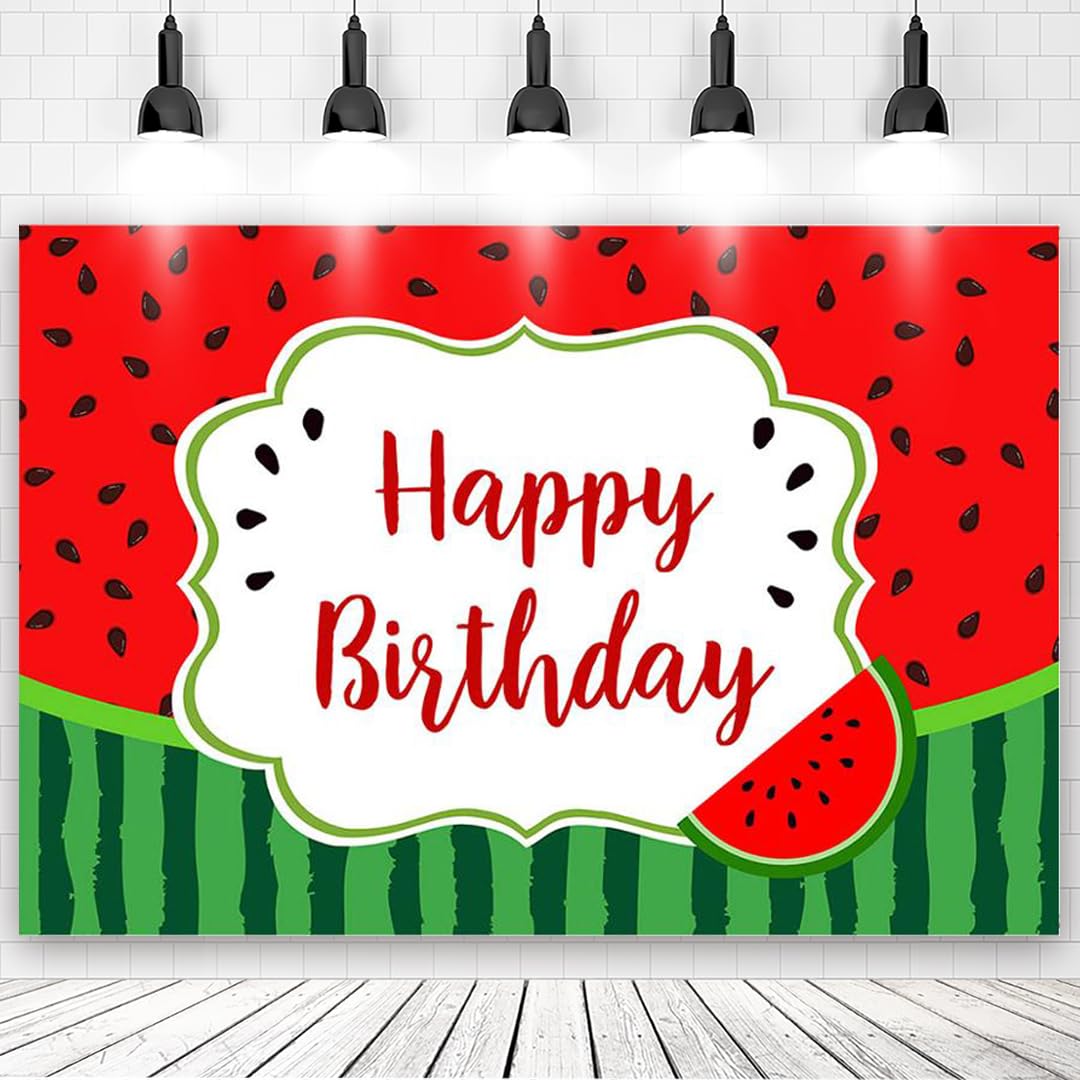 7X5ft Watermelon Theme Backdrop Happy Birthday Photography Background for Birthday Party Decorations, Baby Shower Cake Table Banner Photoshoot Props