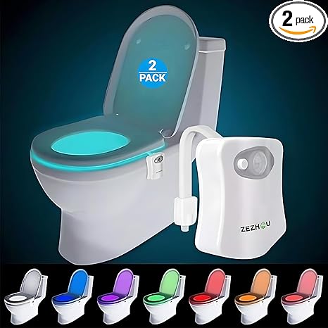 ZEZHOU Original Toilet Night Light 2 Pack, Motion Sensor Activated LED Lamp, Fun 8 Colors Changing Bathroom Nightlight Add on Toilet Bowl Seat, Perfect Decorating Gadget for Dad Adults Kids Toddler