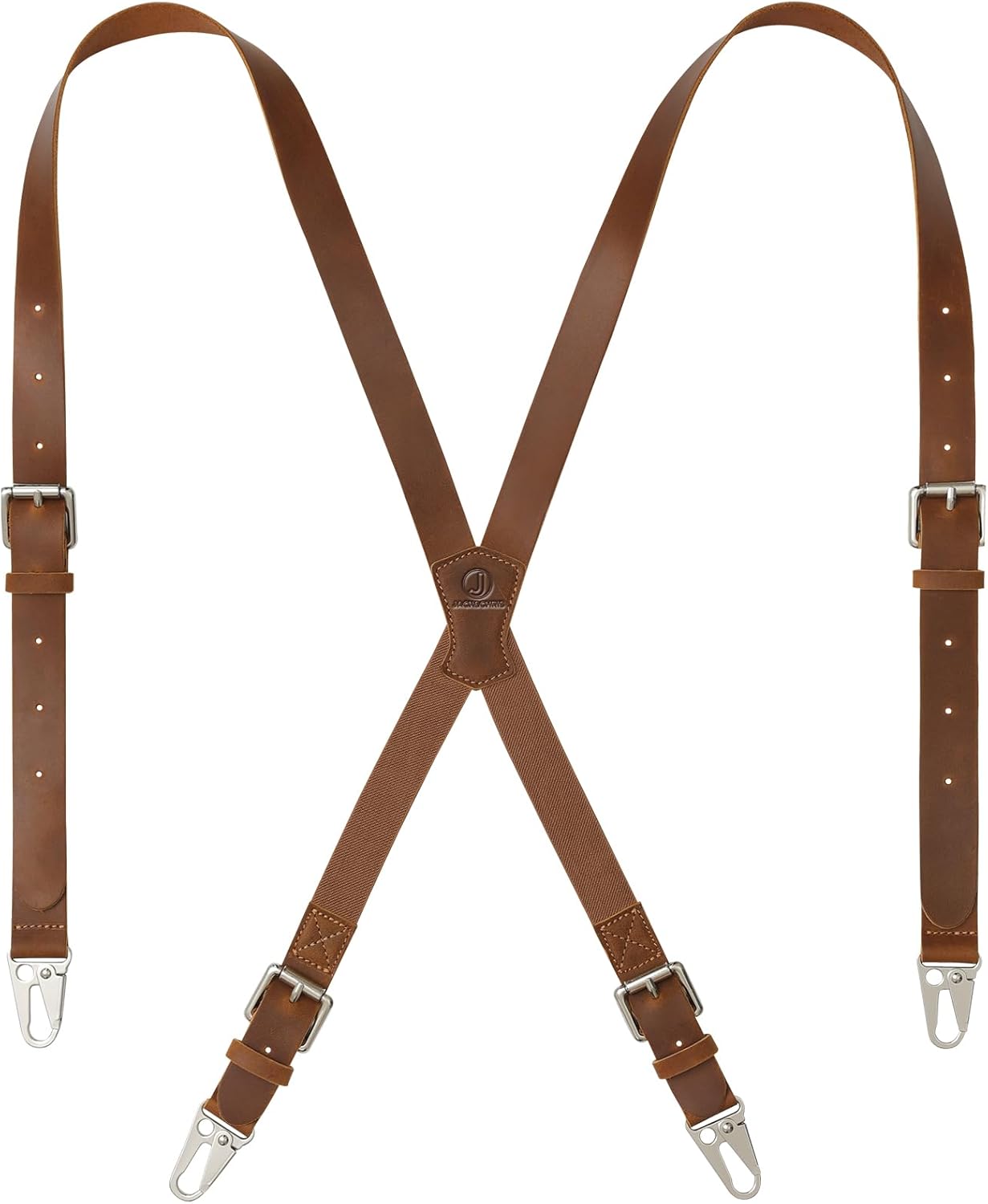 Jack&Chris Genuine Leather X-Shaped Suspenders for Men, Solid 1 Inch Adjustable Heavy Duty Suspenders with Sturdy Clips