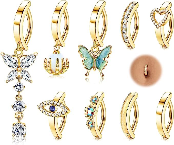 Roheafer9Pcs 14G Clicker Piercing Ombligo Acero Quirurgico Piercing Ombligo Aro Septum Piercing Plata Oro ombligo reverso anillos de perforación del cuerpo joyería