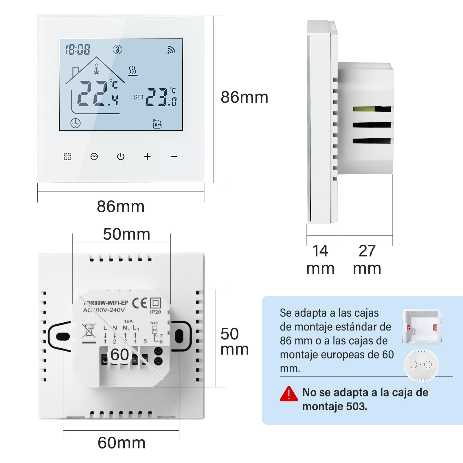 Beok Termostato Inteligente WI-FI para Calentamiento de Agua, TDR89W-WIFI-WP Termostato de Ambiente de Programación con Pantalla táctil LCD Digital Compatible Alexa Google Home Aplicación Tuya Blanco