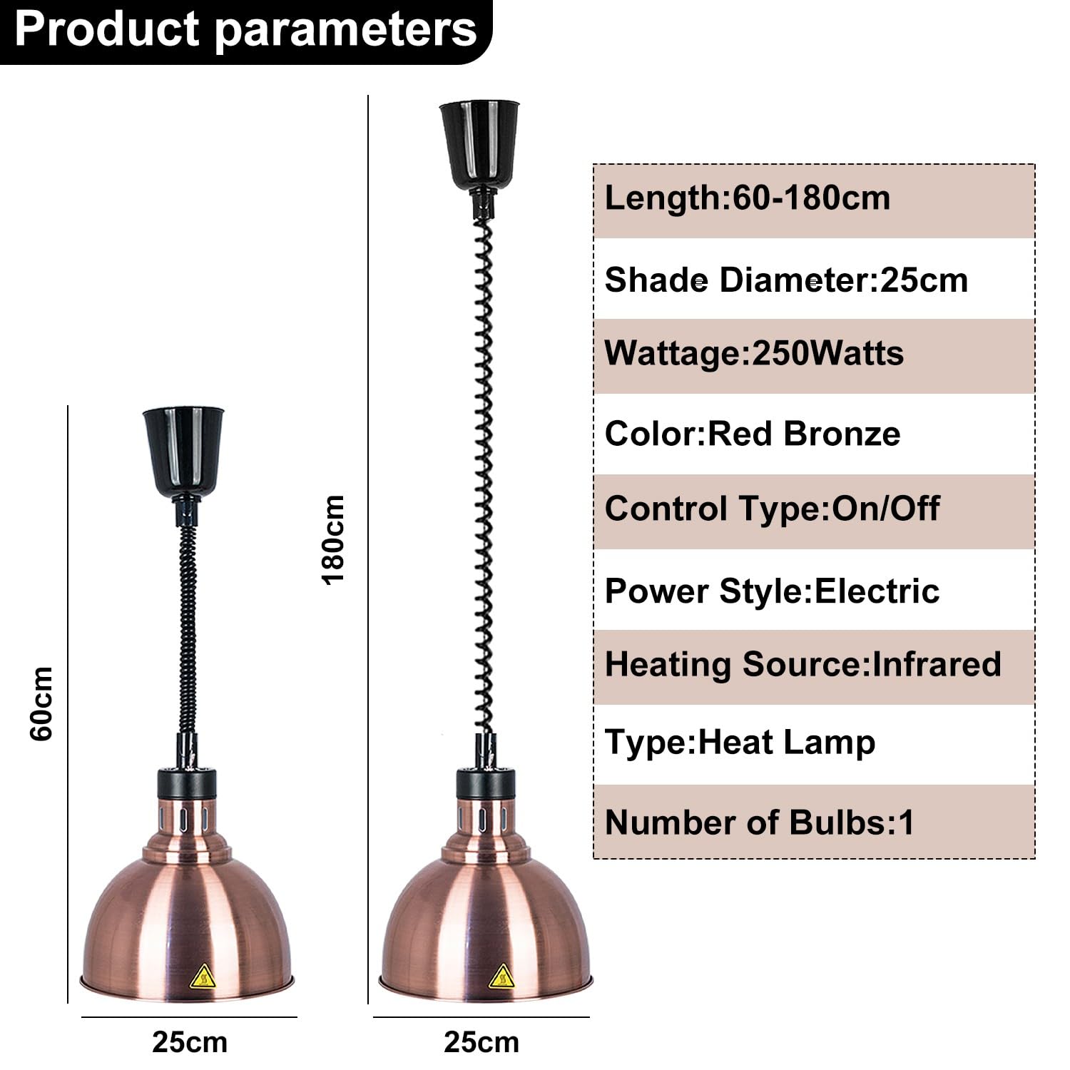 Lampada Riscaldante per Alimenti, Lampade Scaldavivande Regolabile, Lampade per Calore per Cucina Ristorante, Altezza Regolabile 60-180cm, Bronzo Rosso(Color:25cm)