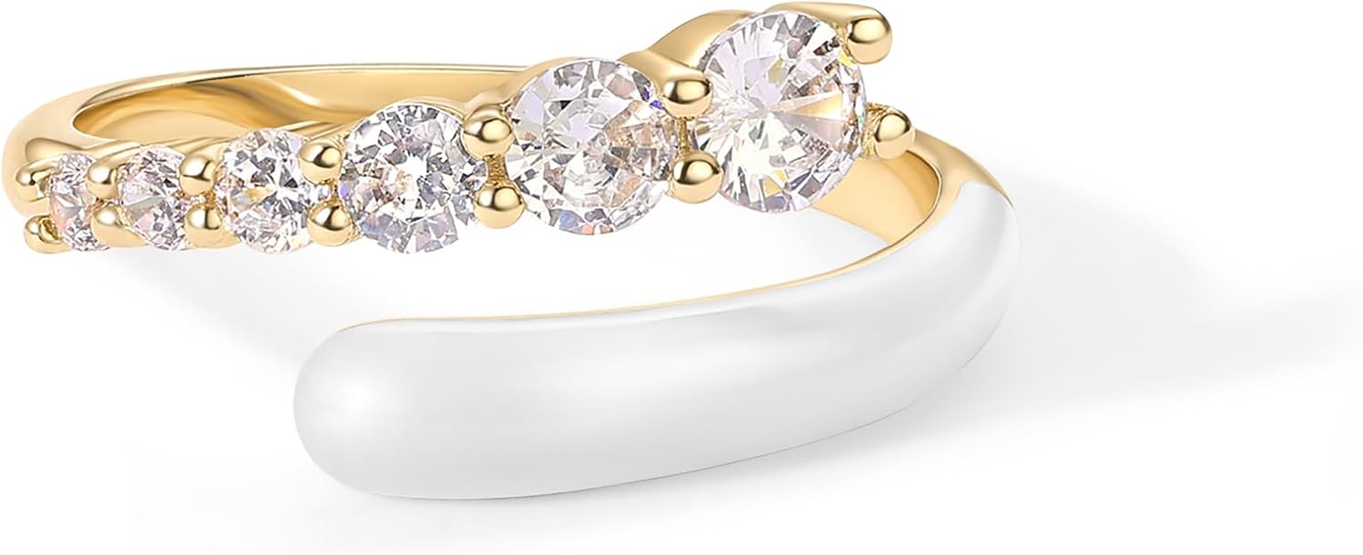 PAVOI 14K Gold Plated Stackable Rings for Women | Open Twist Wavy Colored Enamel and Cubic Zirconia Rings | Enamel Eternity Bands