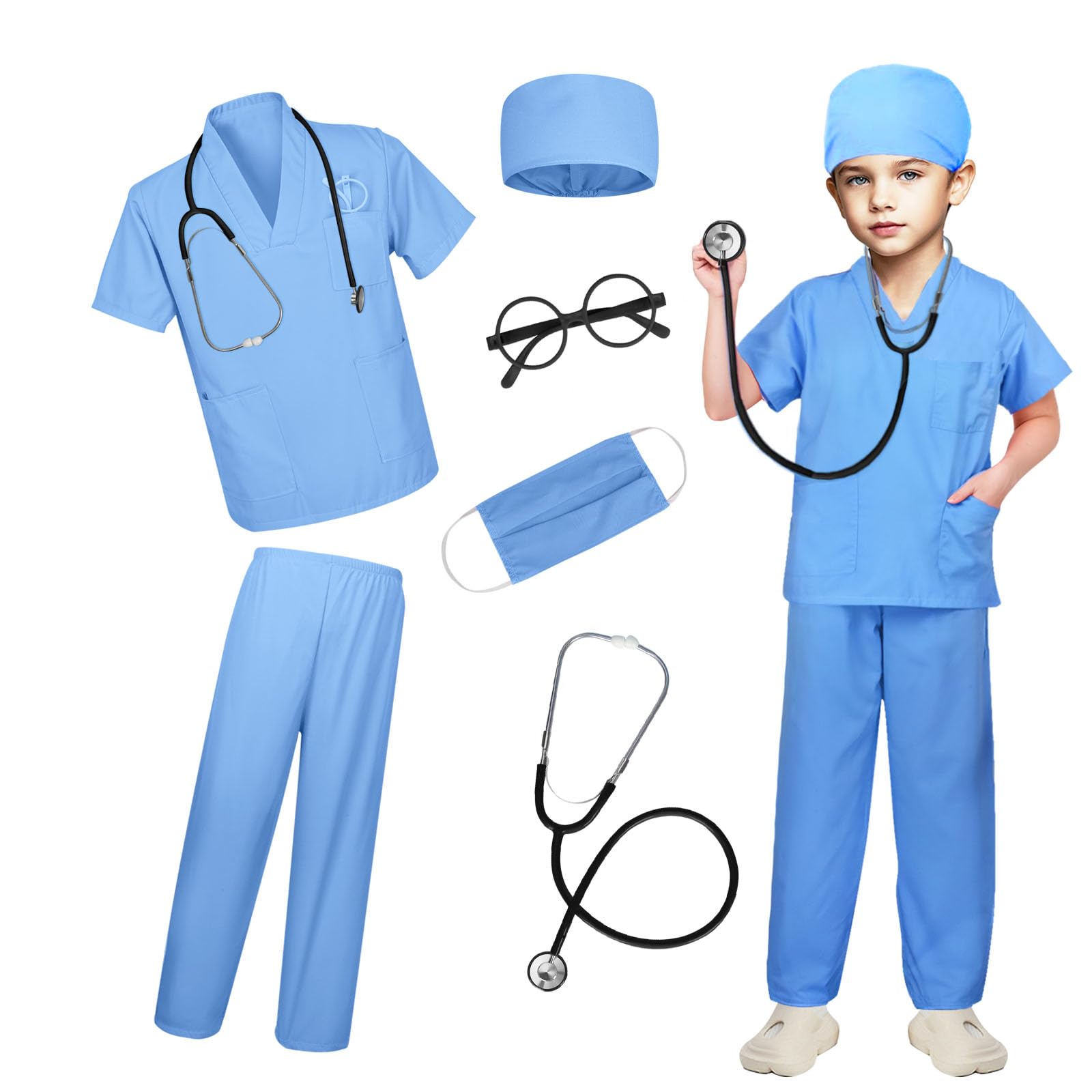 Amiao Children Doctor Costume with Scrubs Costume, Mask, Children's Glasses FramesStethoscope for Kids Role Play festive day Costumes,Kids Role Play Halloween Costumes(blue, 110)