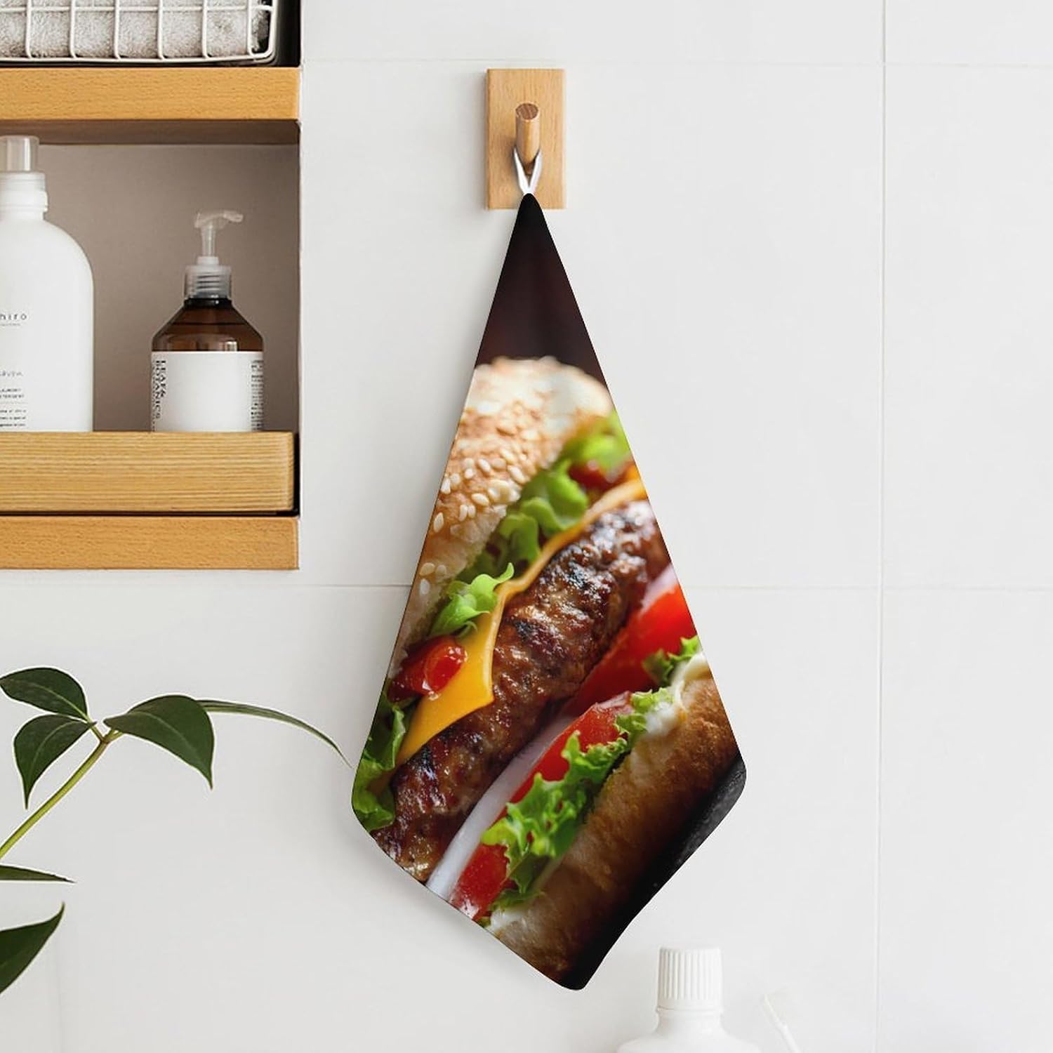 Cheeseburger Fast Food Pattern Microfiber Hand Towels for Bathroom Soft Absorbent Bath Kitchen Towel with Hanging Loop 4PCS