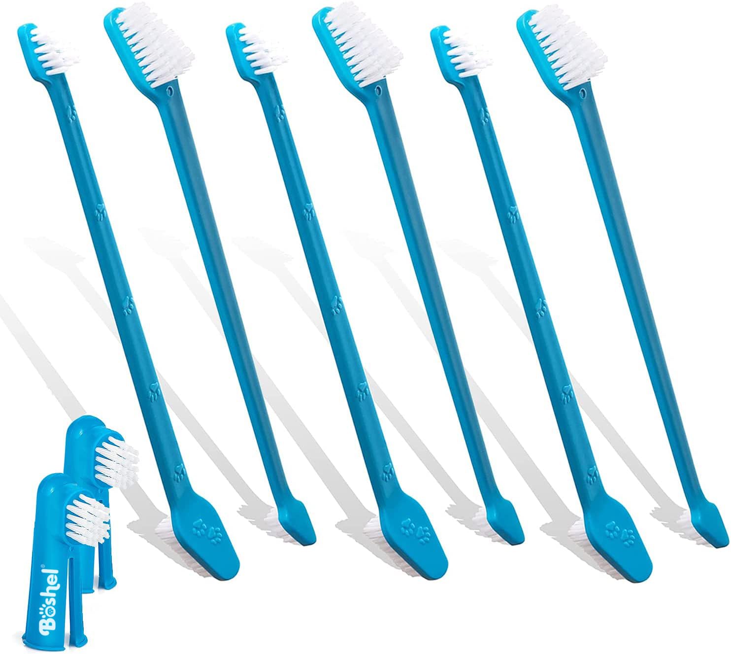 Boshel Dog Toothbrush Kit, 6 Dual-Headed Dog Tooth Brush + 2 Pet Finger Toothbrush for Small and Large Breeds, 8 Pack